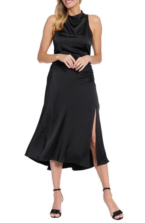 Mock Neck Ruched Asymmetric Midi Dress