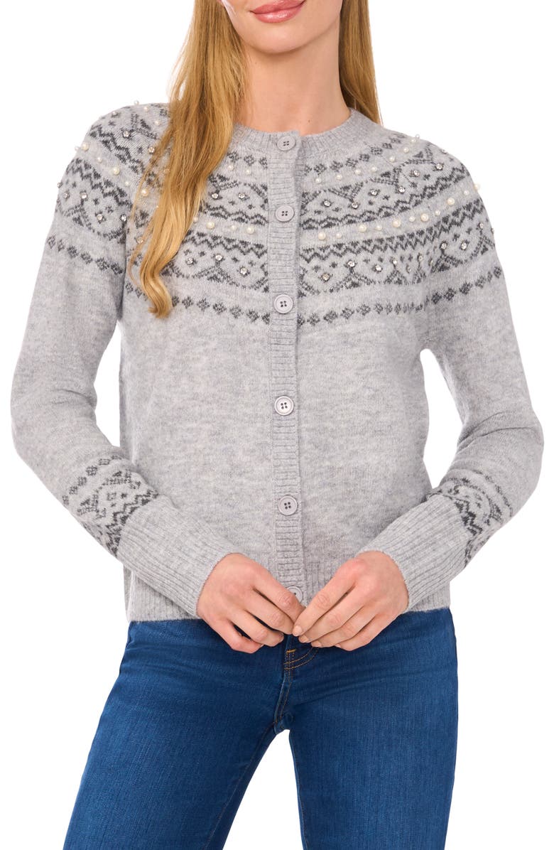 CeCe Imitation Pearl & Crystal Detail Fair Isle Cardigan Sweater, Main, color, 