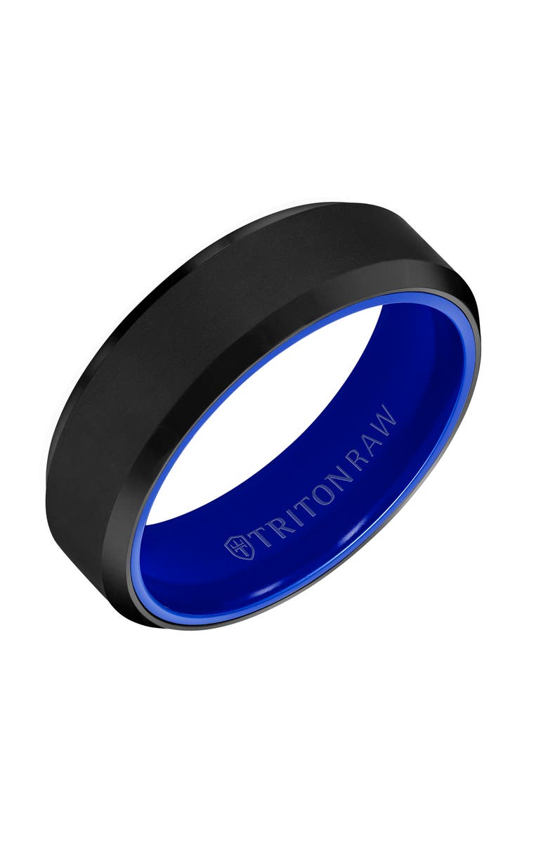 Triton 7MM Tungsten Raw Black DLC Ring with Ceramic Interior and Bevel Edge, Main, color, 