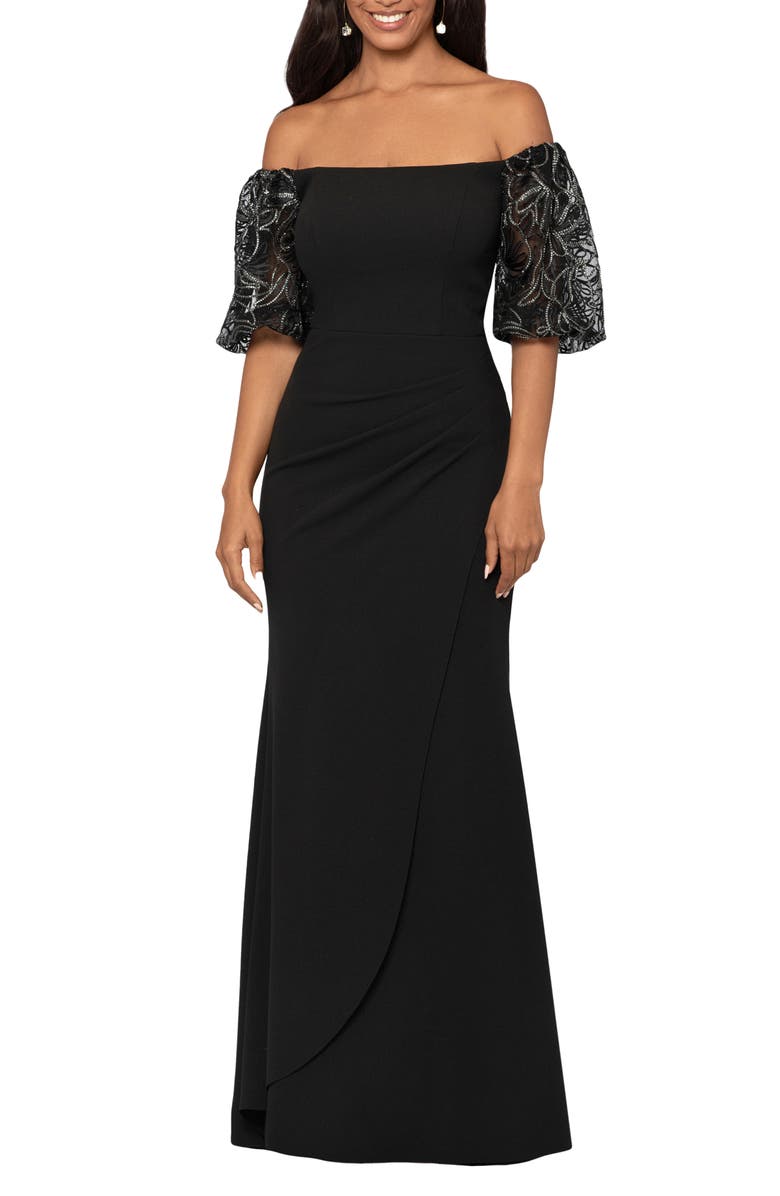 Xscape Evenings Off the Shoulder Beaded Sleeve Gown, Main, color, 