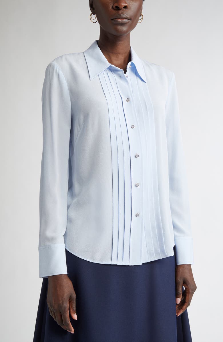 ST. JOHN Silk Crepe Georgette Button-Up Shirt, Alternate, color, Blue Lagoon