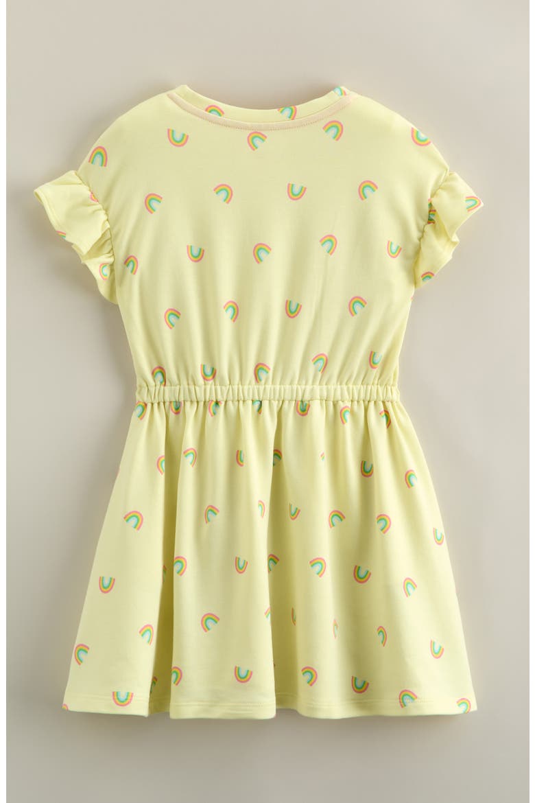 Kids' Print Flutter Sleeve Fleece Dress, Alternate, color, YELLOW CANDLE RAINBOW DITSY