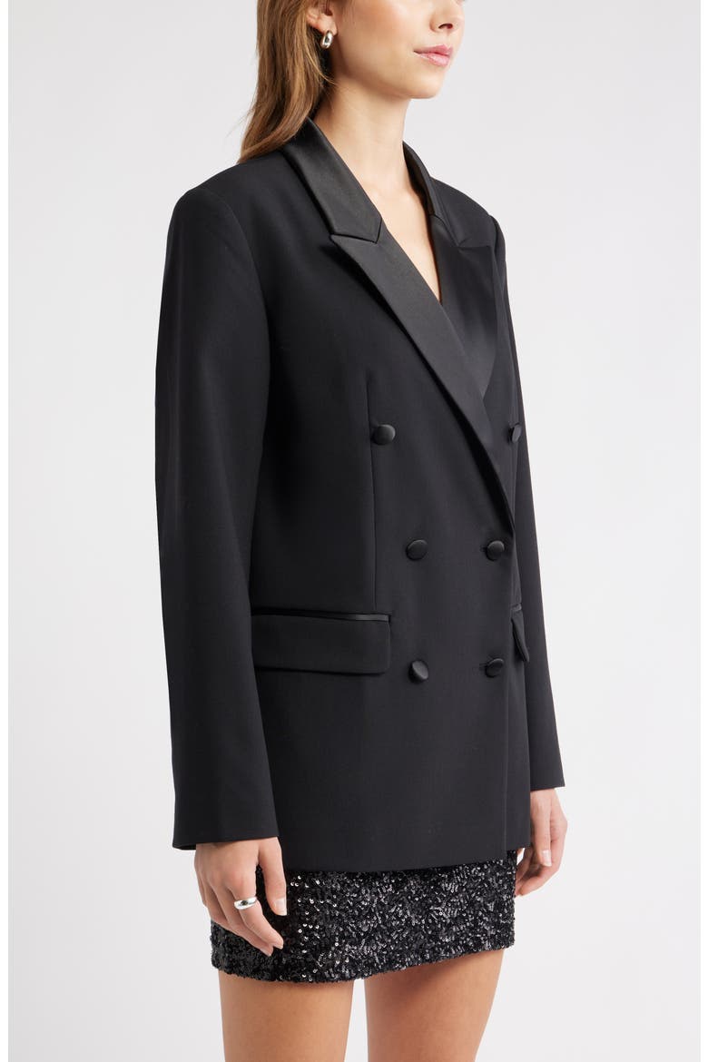 Double Breasted Satin Trim Blazer, Alternate, color, BLACK