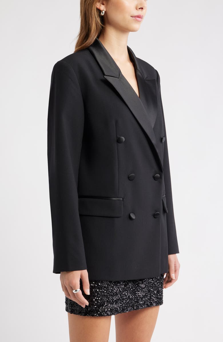 Open Edit Double Breasted Satin Trim Blazer, Alternate, color, Black