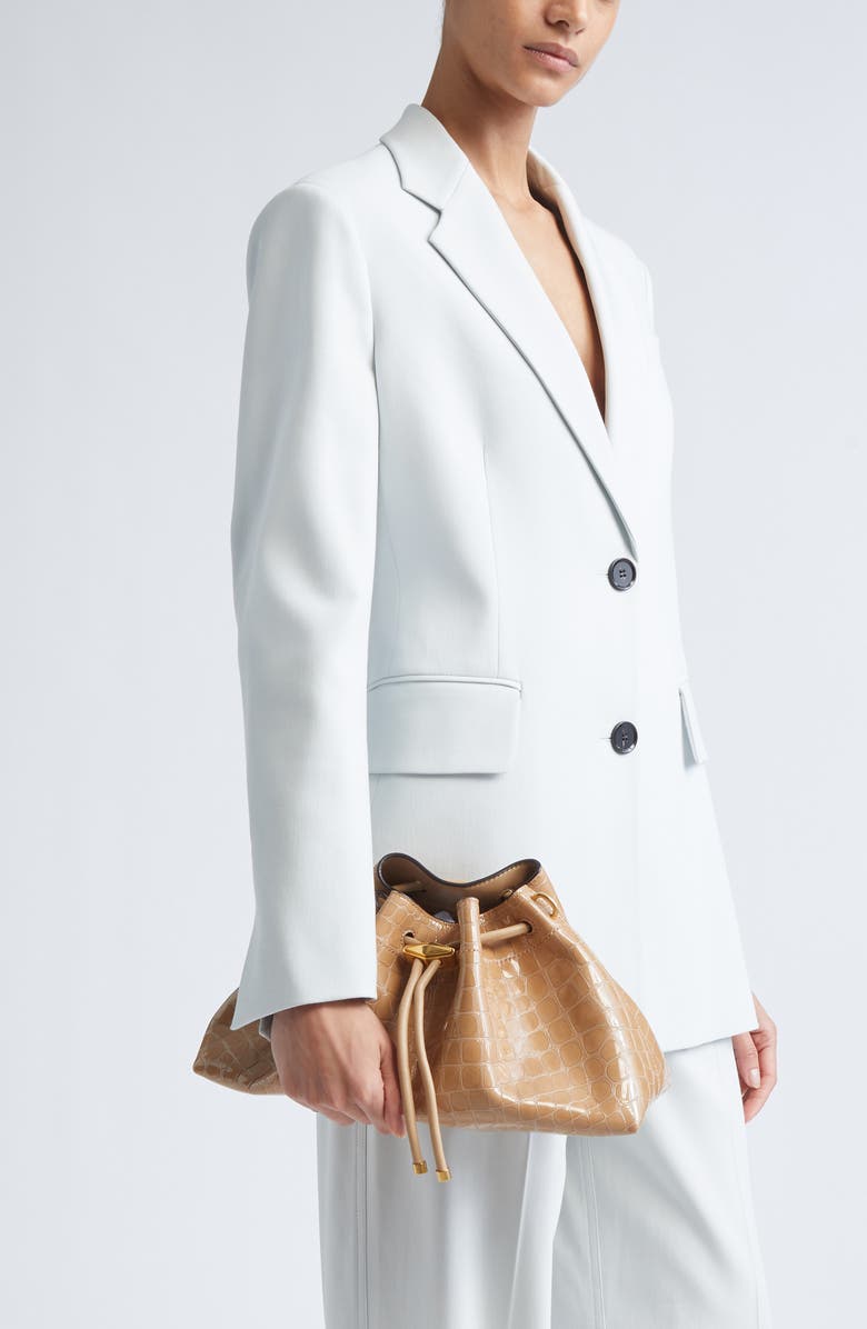 Jimmy Choo Cinch M Croc Embossed Patent Leather Bucket Bag, Alternate, color, Chai/ Gold