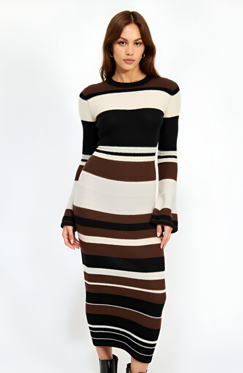 Modenaire Striped Long Sleeve Knit Midi Dress With Flared Cuff Detail In Multi