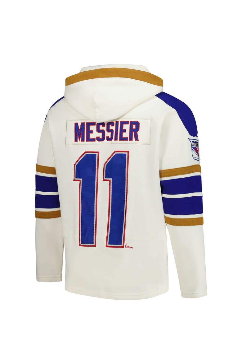Men's '47 Mark Messier Cream New York Rangers Blue Line Heritage Name & Number Lace-Up Pullover Hoodie, Alternate, color, Cream