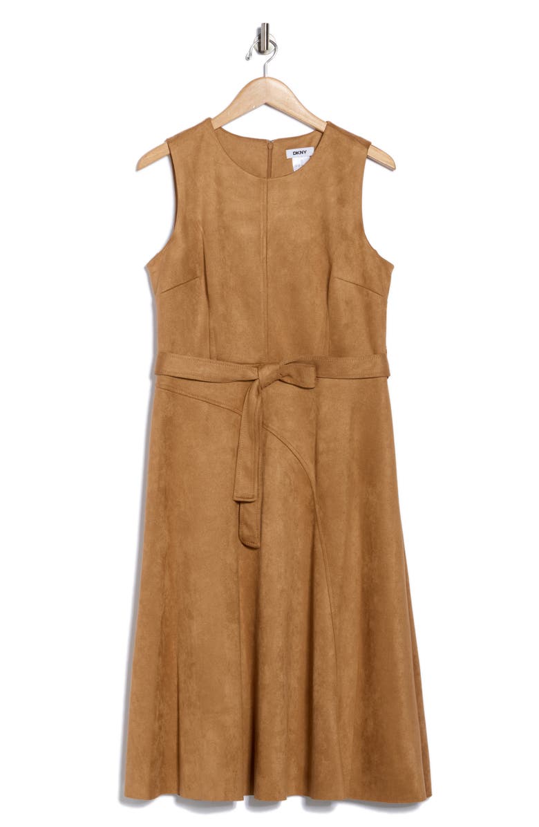 DKNY Faux Suede Fit and Flare Midi Dress, Main, color, Latte