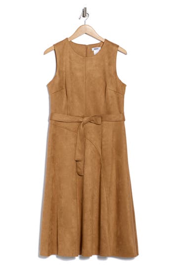 Dkny Faux Suede Fit And Flare Midi Dress In Brown