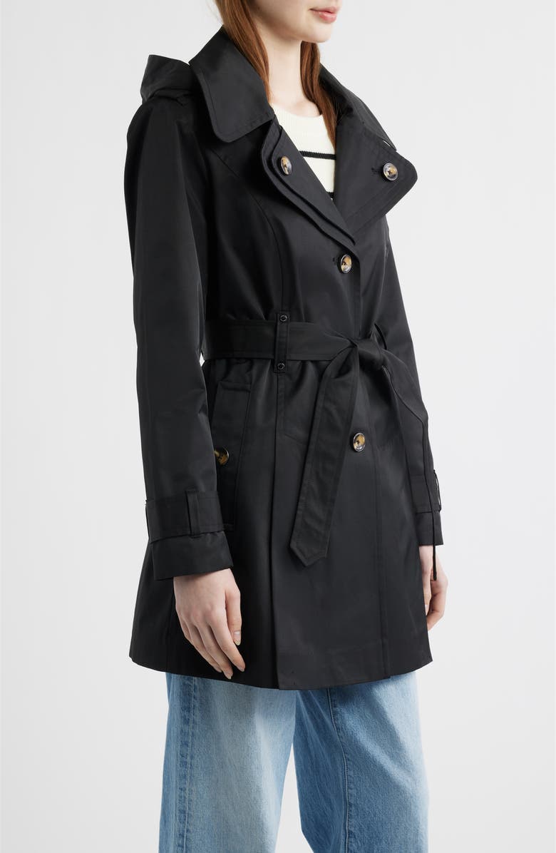 London Fog Double Breasted Hooded Trench Coat, Alternate, color, Black