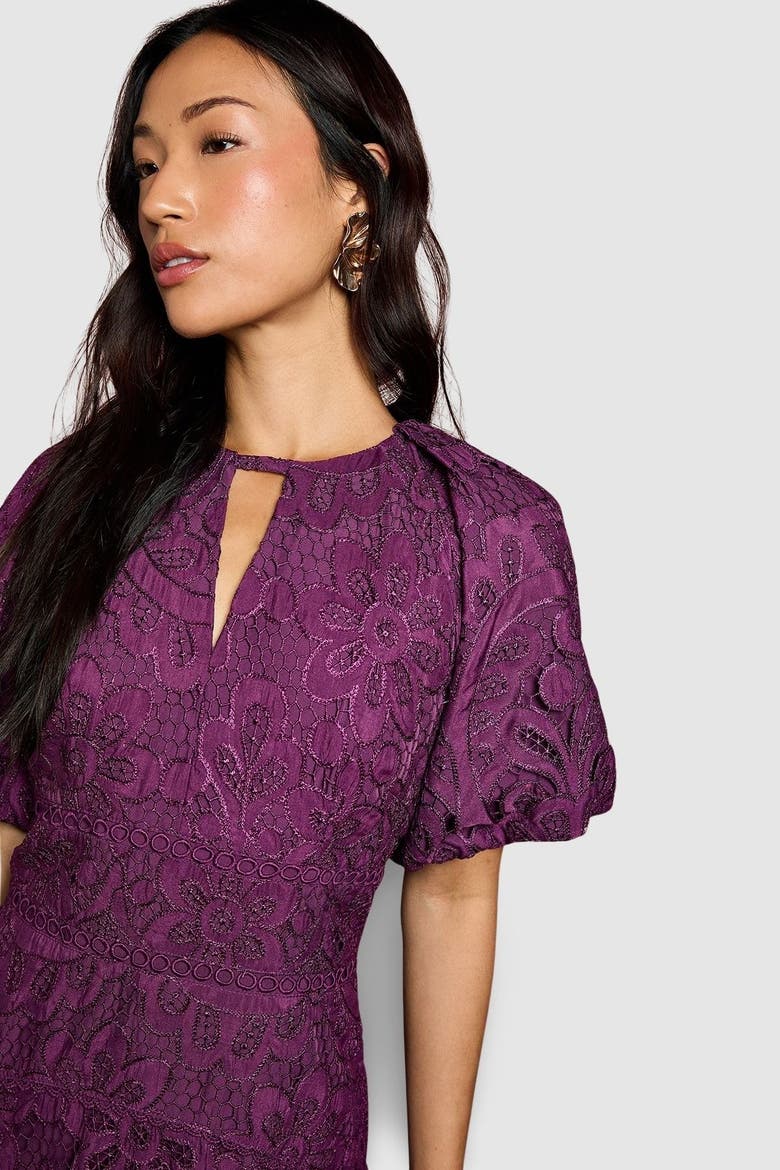Lace Hanky Hem Puff Sleeve Dress, Alternate, color, Plum