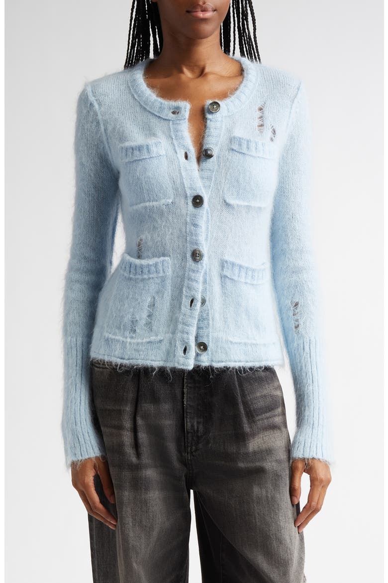 Elongated Shrunken Kid Mohair & Merino Wool Blend Cardigan, Main, color, LIGHT BLUE