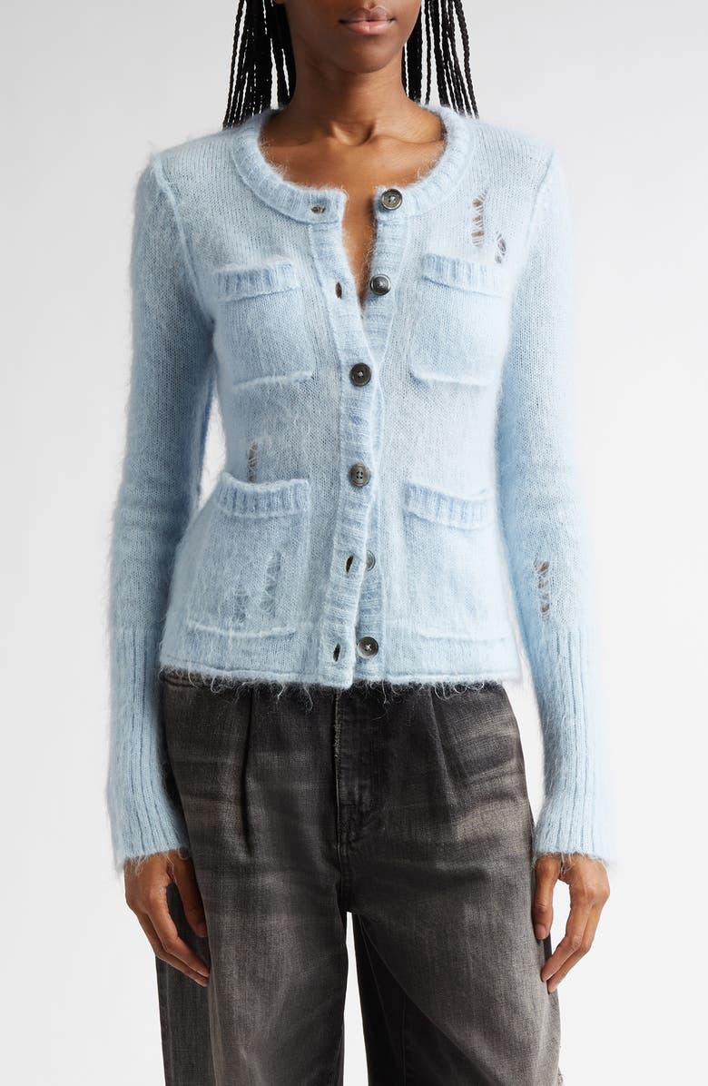 R13 Elongated Shrunken Kid Mohair & Merino Wool Blend Cardigan, Main, color, Light Blue
