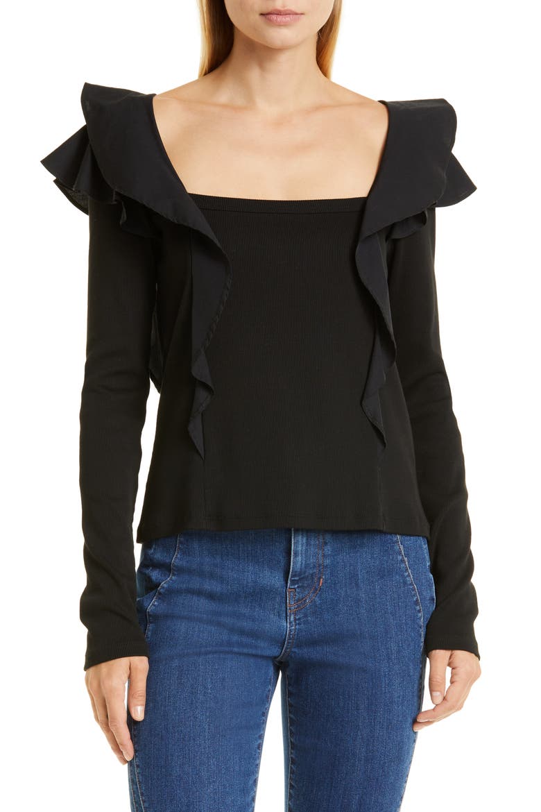 Gidea Ruffle Mixed Media Top, Main, color, BLACK