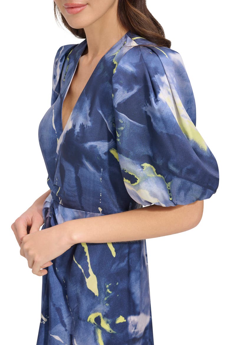Print Puff Sleeve Satin Midi Dress, Alternate, color, FLUORO YELLOW/ INKY BLUE MULTI
