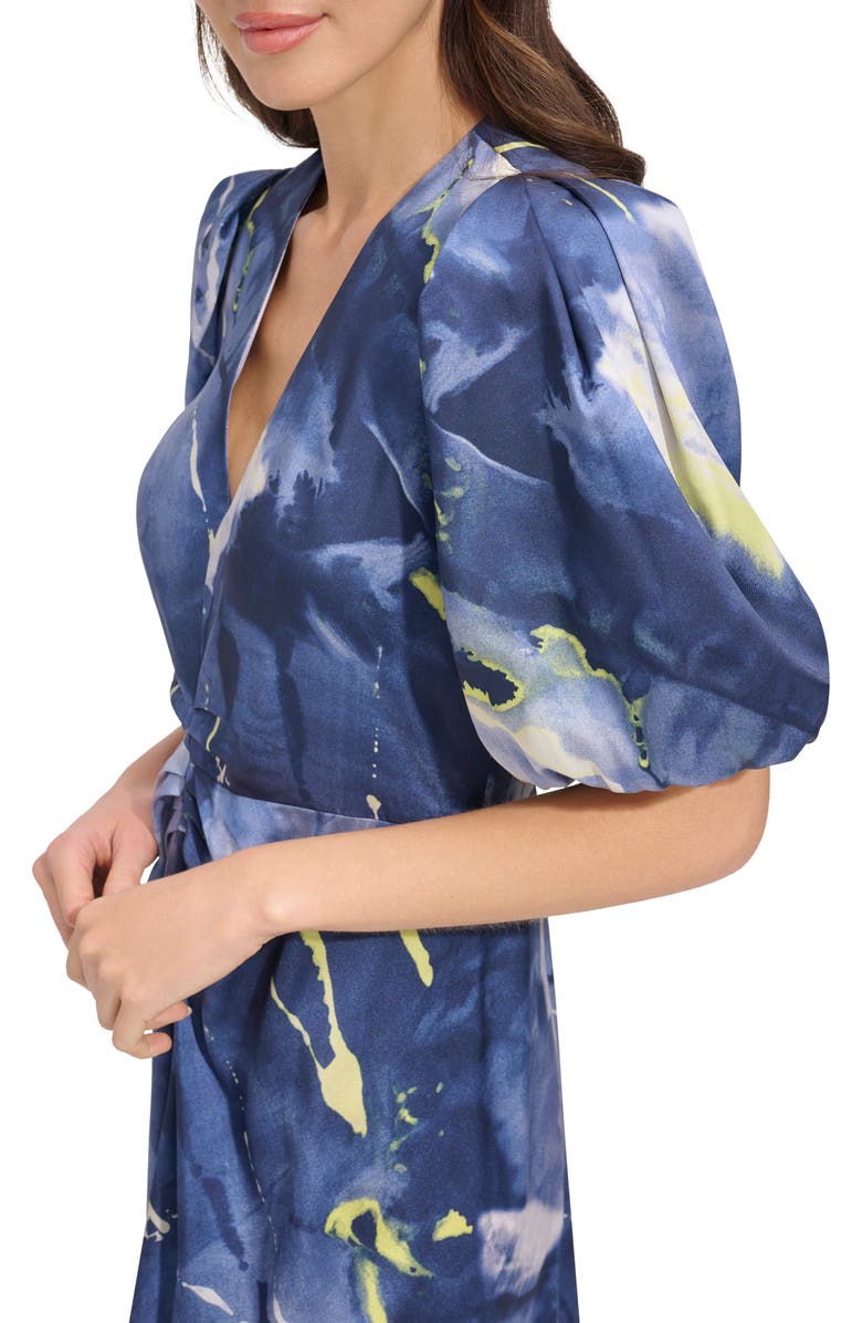 DKNY Print Puff Sleeve Satin Midi Dress, Alternate, color, Fluoro Yellow/ Inky Blue Multi
