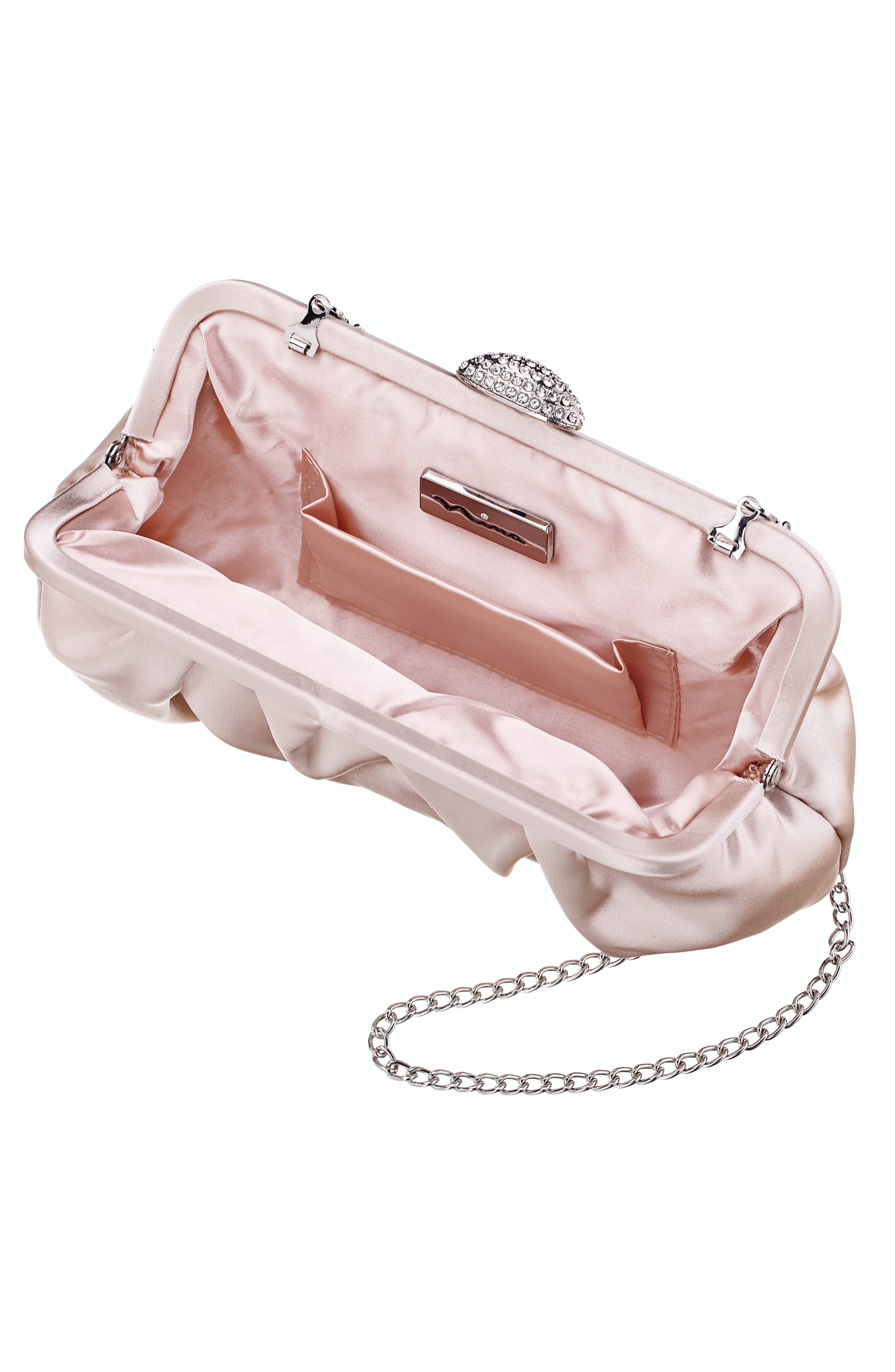 Concord Pleated Satin Frame Clutch, Alternate, color, PEARL ROSE