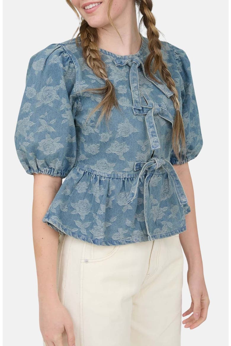 Puff Sleeve Tie Front Top, Alternate, color, DENIM