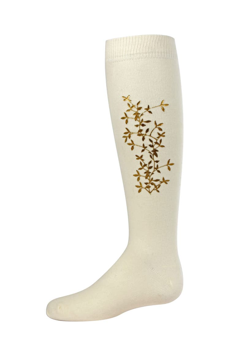 Foil and Foliage Knee Socks, Main, color, Winter White