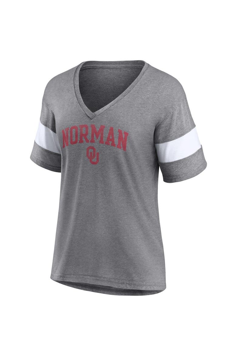 Women's Fanatics Branded Heathered Gray Oklahoma Sooners Arched City Sleeve-Striped Tri-Blend V-Neck T-Shirt, Alternate, color, Heather Gray