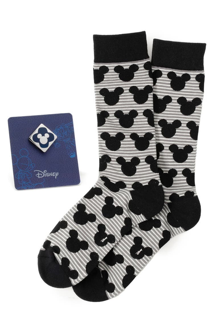 Mickey Grey Stripe Crew Socks & Lapel Pin Set, Main, color, GREY MULTI