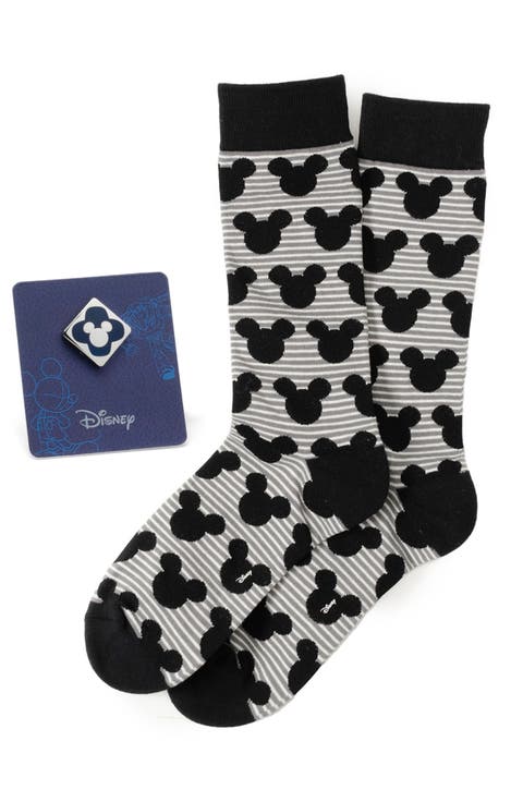 Mickey Grey Stripe Crew Socks & Lapel Pin Set