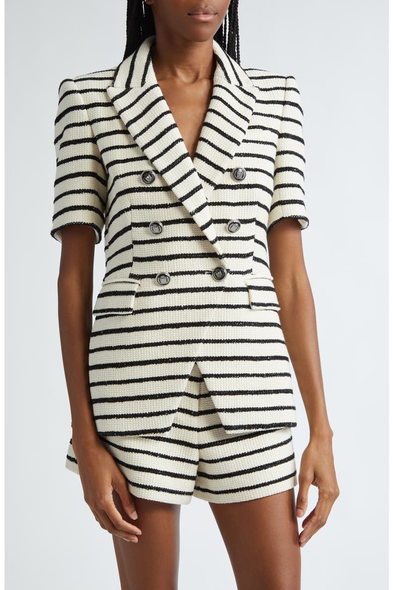Jenny Stripe Short Sleeve Cotton Blend Dickey Jacket, Main, color, IVORY/ BLACK