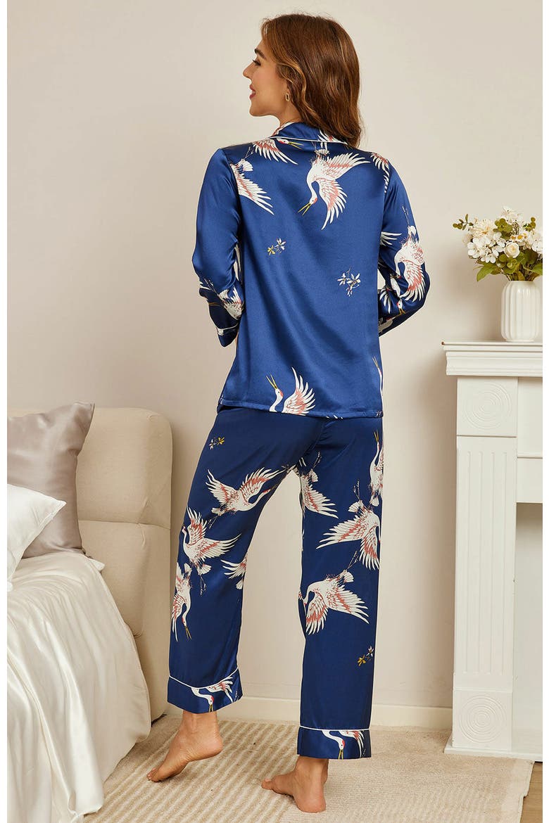 19Momme Pure Silk Printed Classic Binding Trim Womens Pajama set, Alternate, color, DarkBlue