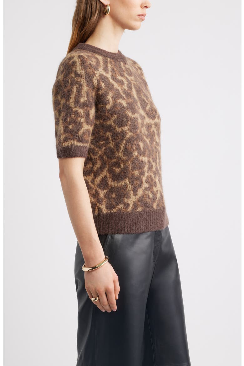 Jacquard Short Sleeve Sweater, Alternate, color, BROWN- TAN ALLEY LEOPARD