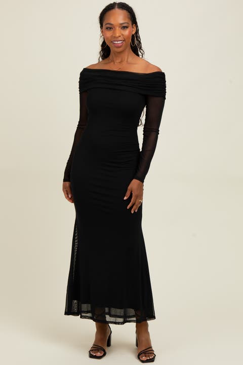 Mesh Overlay Off Shoulder Long Sleeve Midi Dress