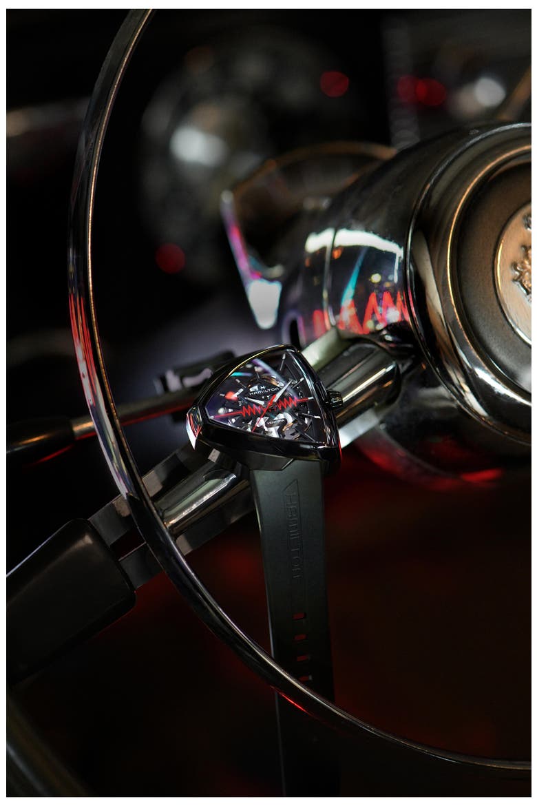 Ventura Elvis80 Skeleton Automatic Rubber Strap Watch, 44.6mm, Alternate, color, BLACK/BLACK