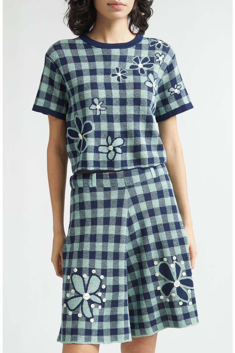 Gingham Flower Cotton & Linen Blend Jacquard Sweater, Main, color, MINT/ MIDNIGHT