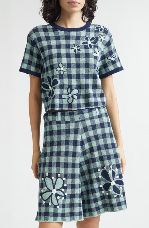 Gingham Flower Cotton & Linen Blend Jacquard Sweater