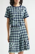 YanYan Gingham Flower Cotton & Linen Blend Jacquard Sweater