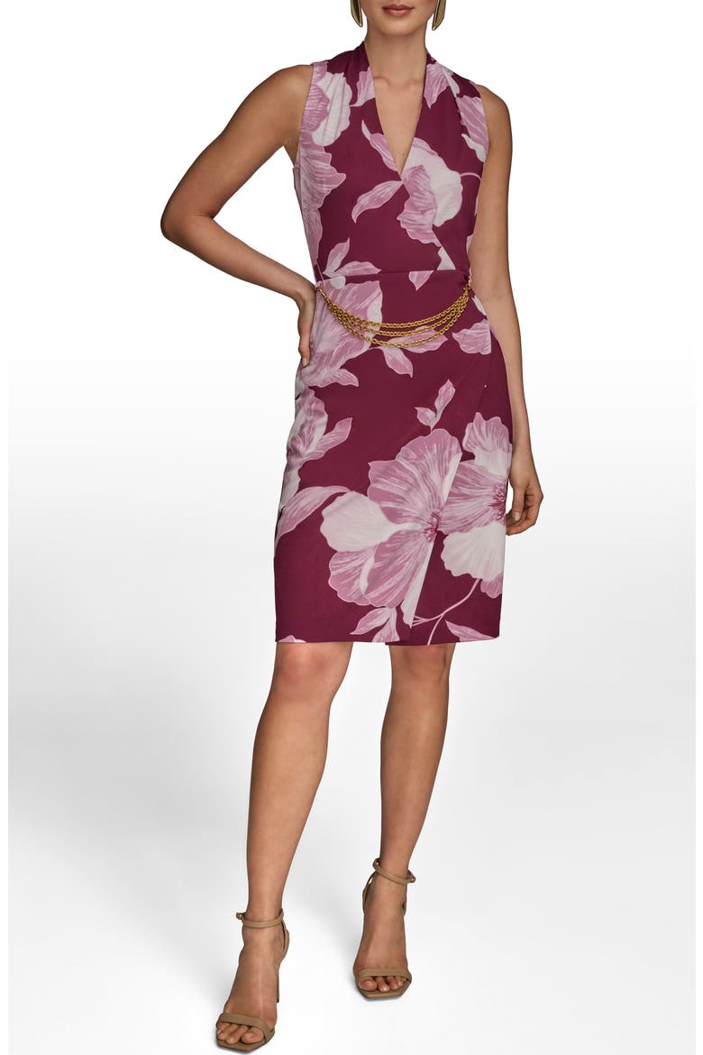 Floral Print Faux Wrap Sheath Dress, Main, color, PRUNE