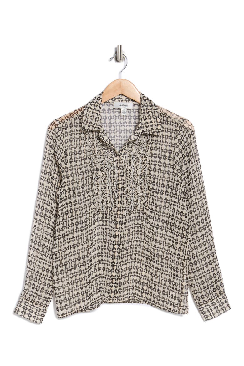 Frilly Button-Up Shirt, Alternate, color, IVORY/ BLACK GEOMETRIC