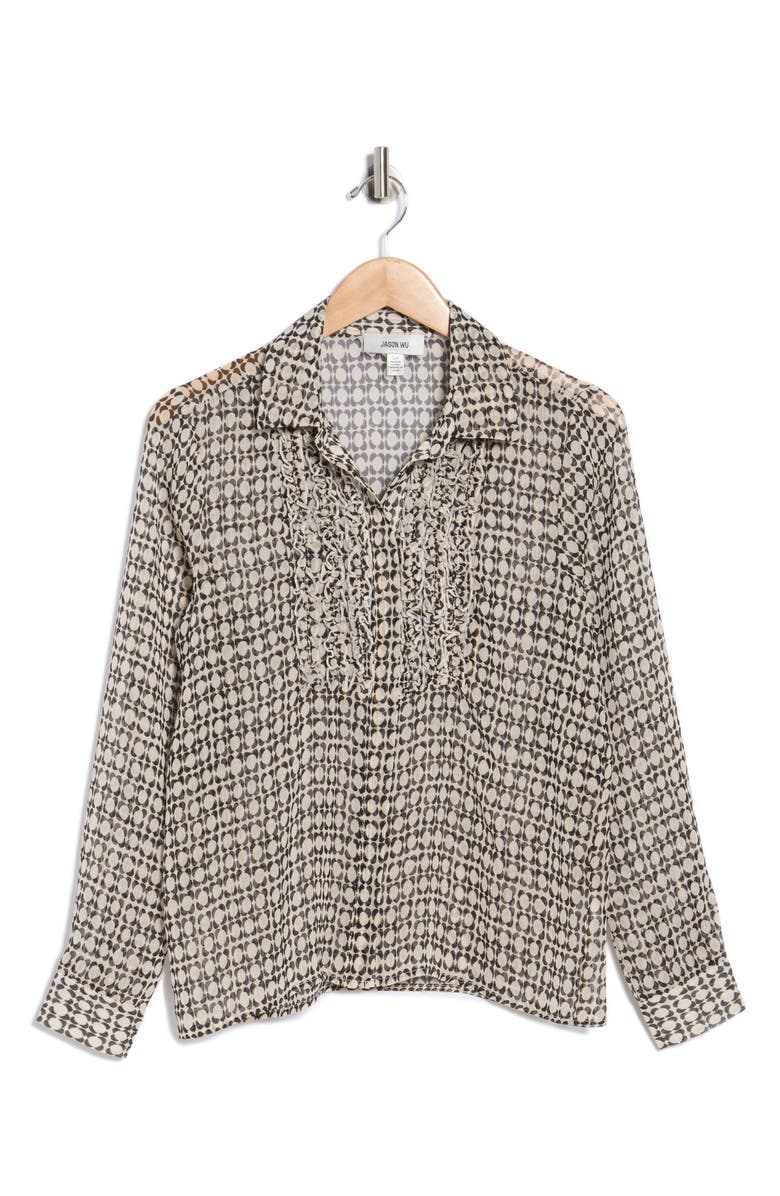 JASON WU Frilly Button-Up Shirt, Alternate, color, Ivory/ Black Geometric