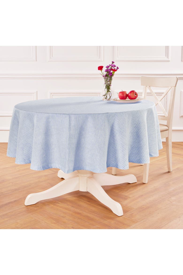 Linen Round Tablecloth - Narrow Stripe, Main, color, Cornflower Blue and White