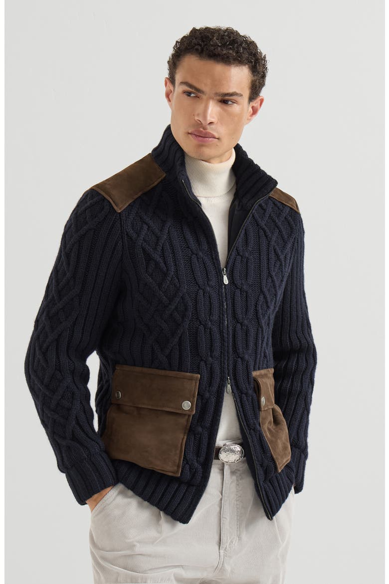 Cable knit cardigan in cashmere Feather yarn with suede inserts and zipper, Main, color, Navy Blue