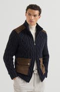 Brunello Cucinelli Cable knit cardigan in cashmere Feather yarn with suede inserts and zipper