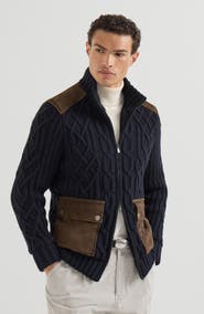 Brunello Cucinelli Cable knit cardigan in cashmere Feather yarn with suede inserts and zipper