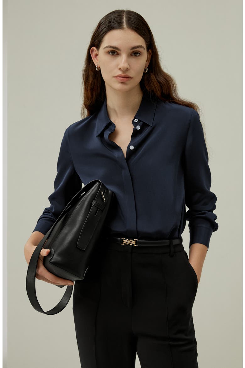 Women's Graceful Button Up Silk Blouse, Alternate, color, Midnight Blue