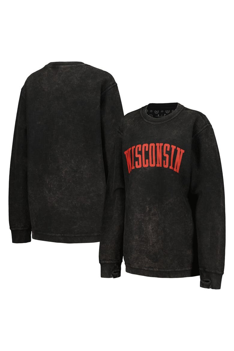 Women's Pressbox Black Wisconsin Badgers Comfy Cord Vintage Wash Basic Arch Pullover Sweatshirt, Main, color, Black