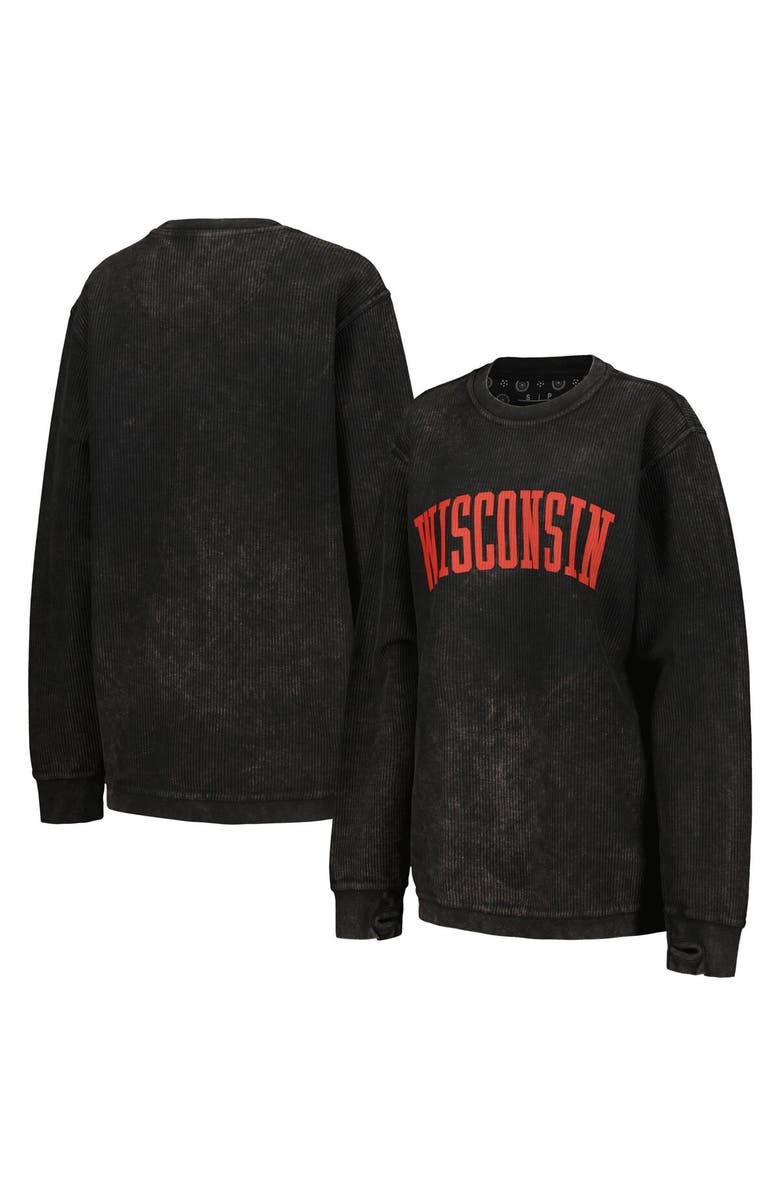 PRESSBOX Women's Pressbox Black Wisconsin Badgers Comfy Cord Vintage Wash Basic Arch Pullover Sweatshirt, Main, color, Black