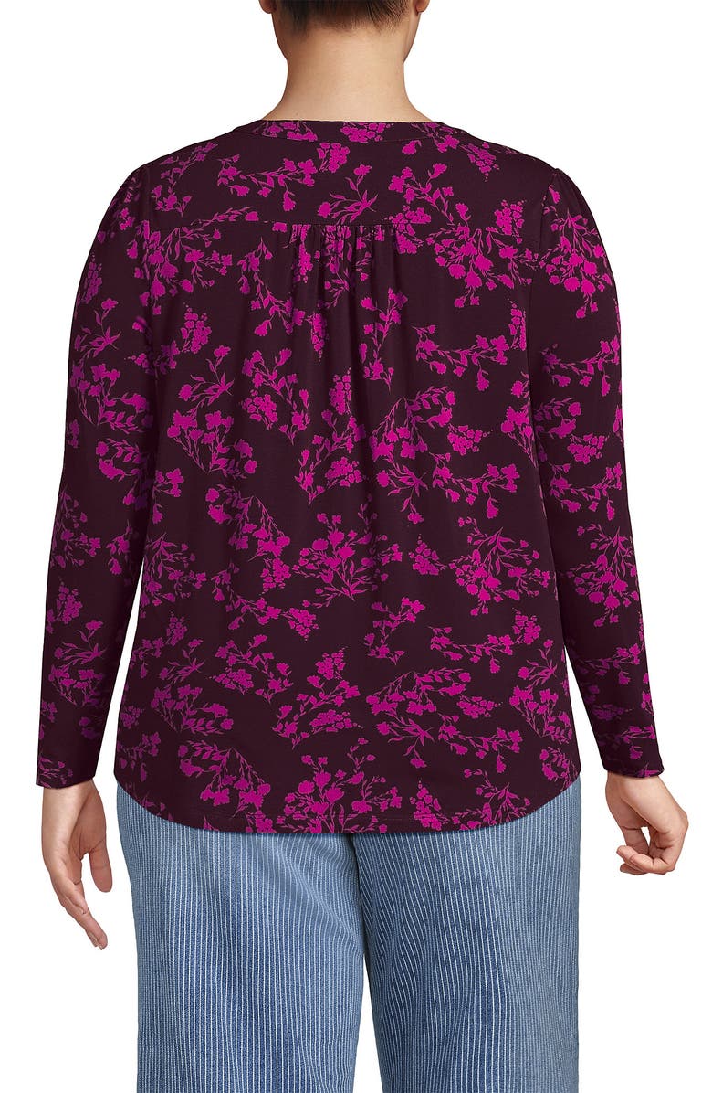 Lands' End Long Sleeve Lightweight Jersey Notch Neck Tunic Top, Alternate, color, Lush Burgundy Wildflowers
