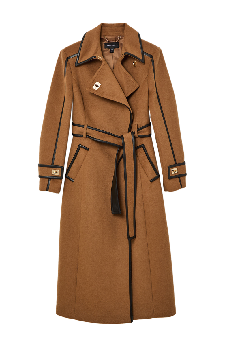 Karen Millen Wool PU Belted Midi Coat, Alternate, color, Camel