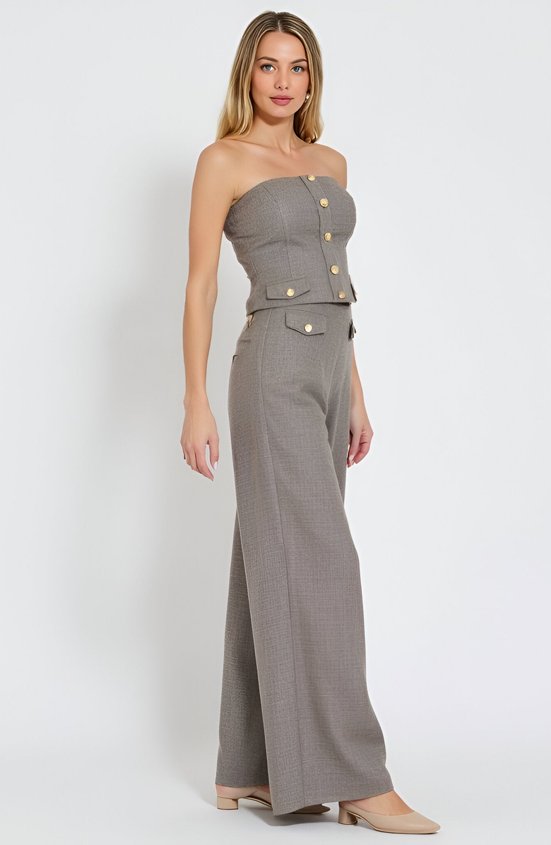 Modenaire Strapless Button-Front Crop Top and Wide-Leg Pants Two-Piece Set, Alternate, color, Grey