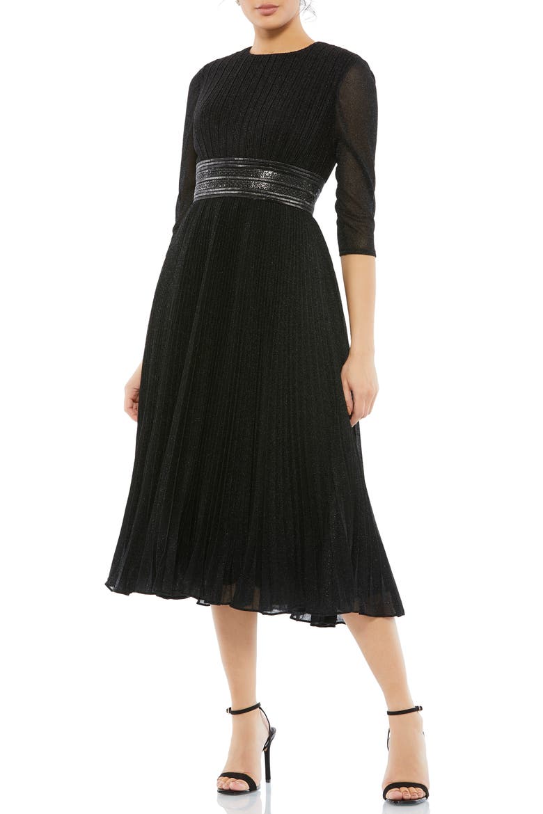 Shimmering 3/4 Sleeve A-Line Midi Dress, Main, color, BLACK