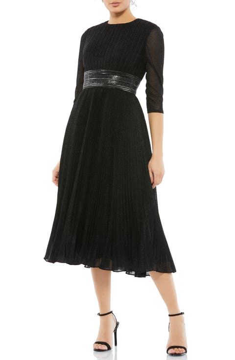 Shimmering 3/4 Sleeve A-Line Midi Dress