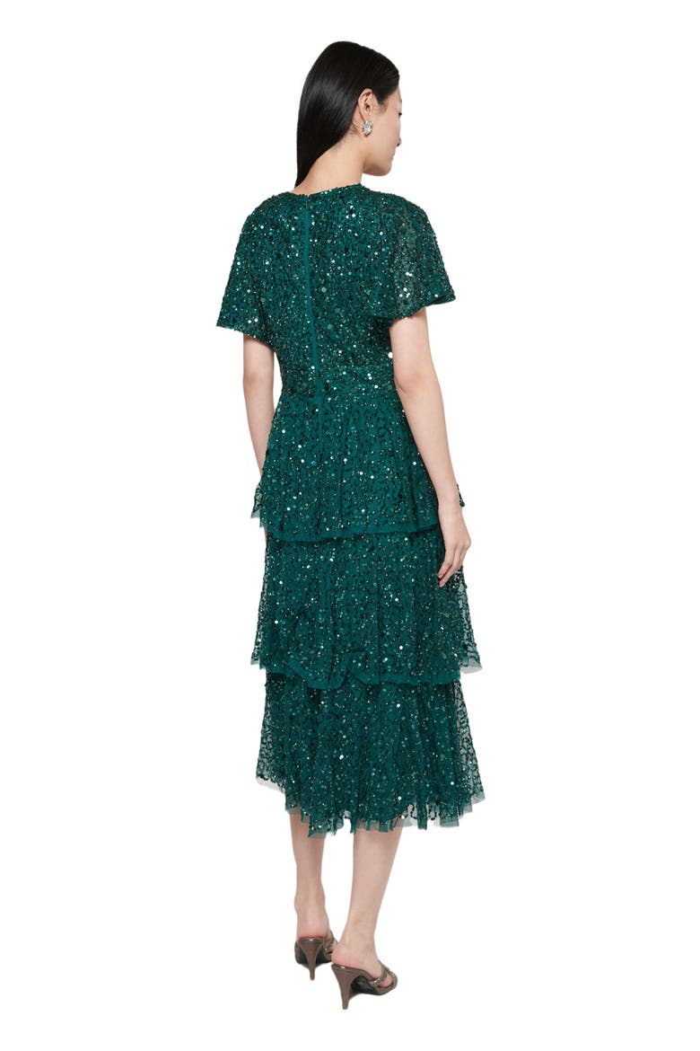 Occasion Embellished Sequin Beaded Short Sleeves Evening Midi Dress, Alternate, color, EMERALD GREEN
